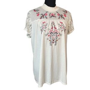Time and Tru Embroidered Mesh and Lace Floral Top